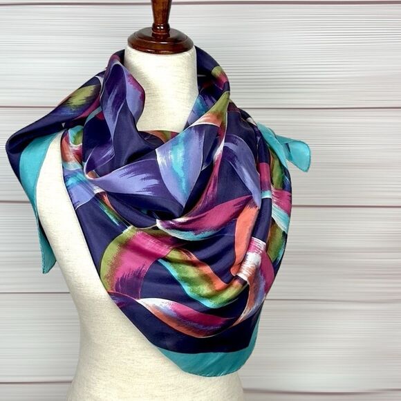 Alexander Julian Silk Scarf Scrolling Ribbons Plum Turquoise Hand Rolled - Picture 3 of 9